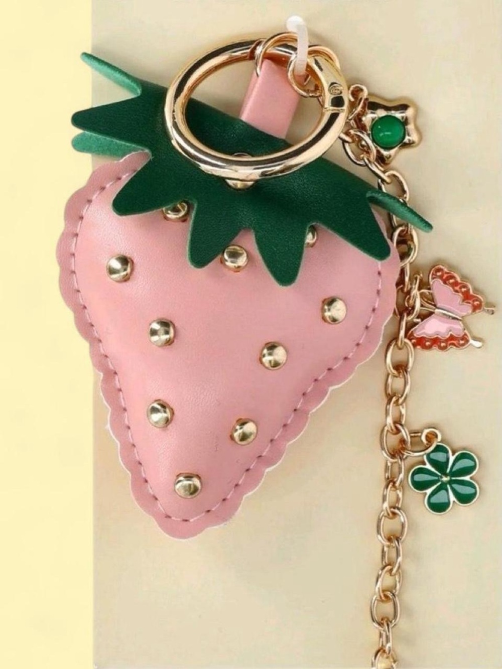 Pink Strawberry Charm Keychain with Green Leaf Accents